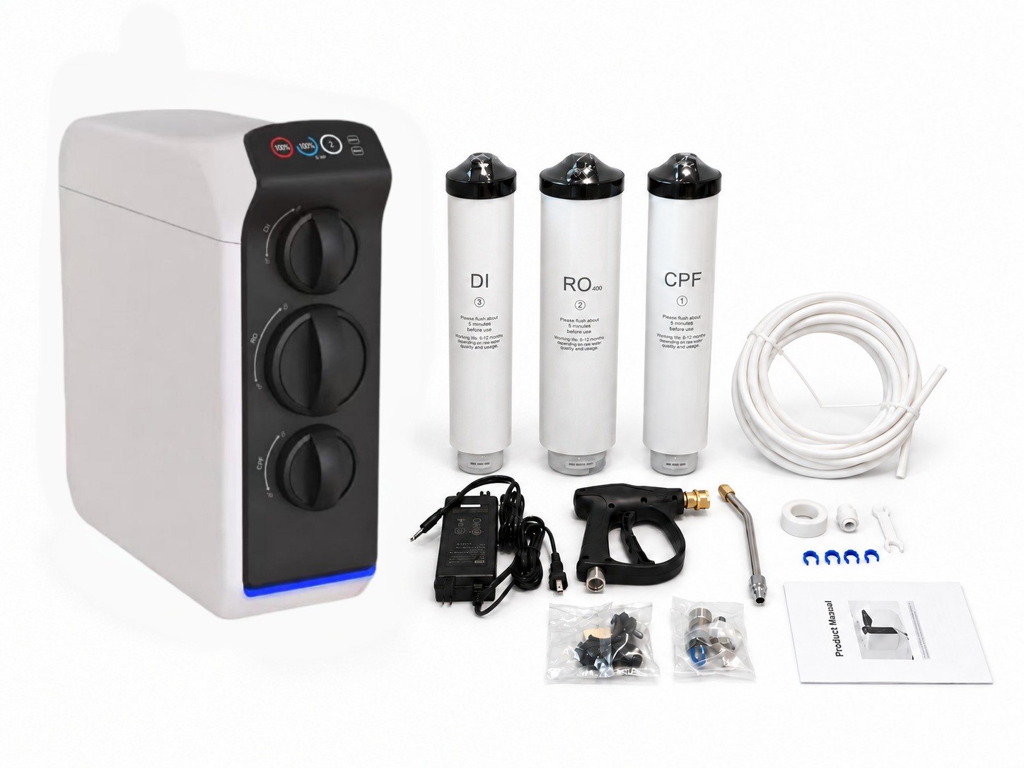 RO-UR water purifier with CPF, RO and DI cartridges and installation accessories